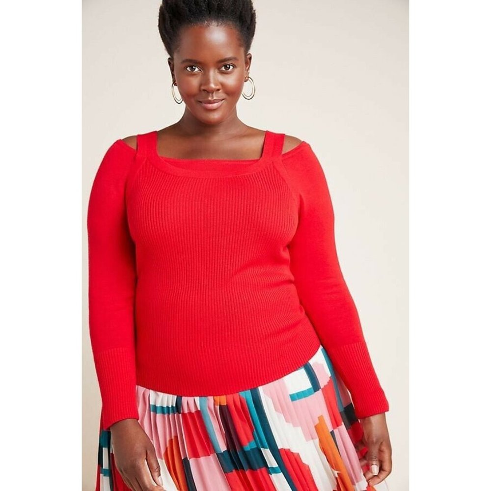 Anthropologie Jamie Bright Red Open Shoulder Sweater Top Plus 2X $98 New NWT HTF